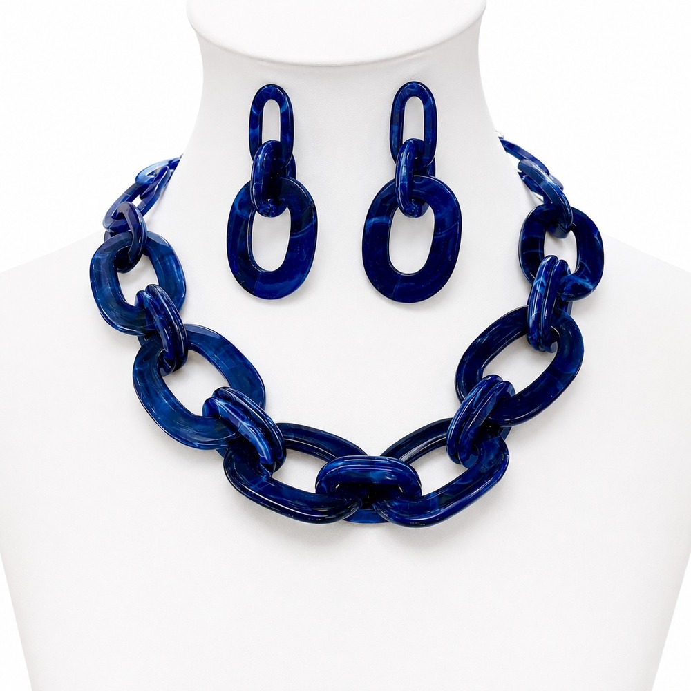 BOCAR Blue Marbled Chunky Chain Link 18" Necklace 4" Earrings Set Statement